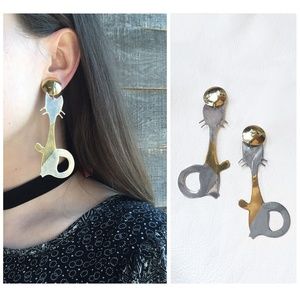 Vintage Cat Two-Tone Brass Earrings